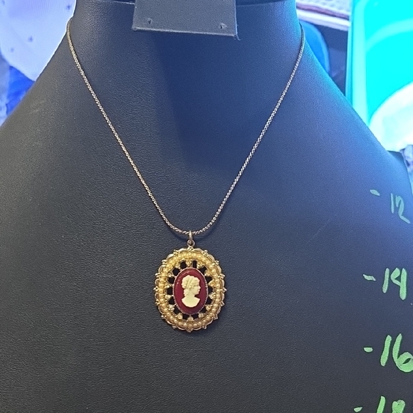 Coro Pegasus Gold Tone Cameo Pendant Necklace in Red and Ivory Toned Lucite - Picture 2 of 4